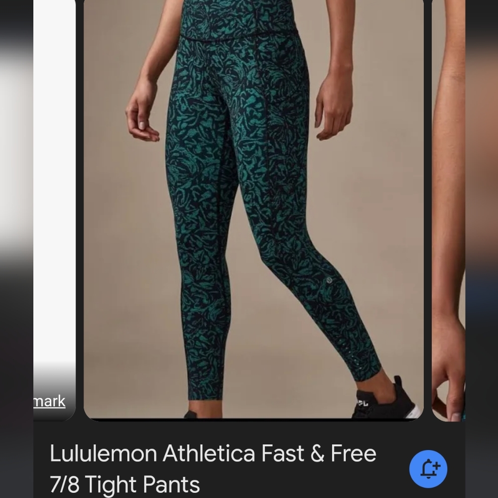 Like new Lululemon FAST & FREE black/ green floral print leggings 7/8 length